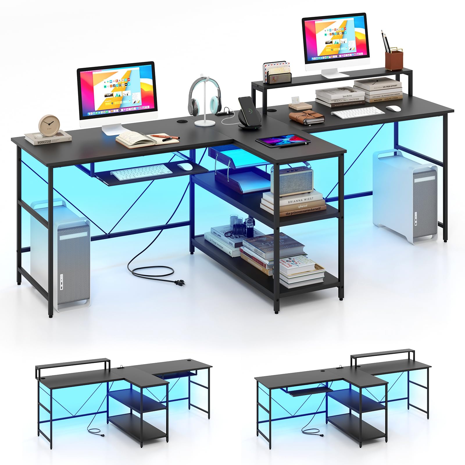 Bureau d'ordinateur réversible Tangkula pour 2 personnes avec lumières LED, bureau de 240 cm de long avec prises de courant